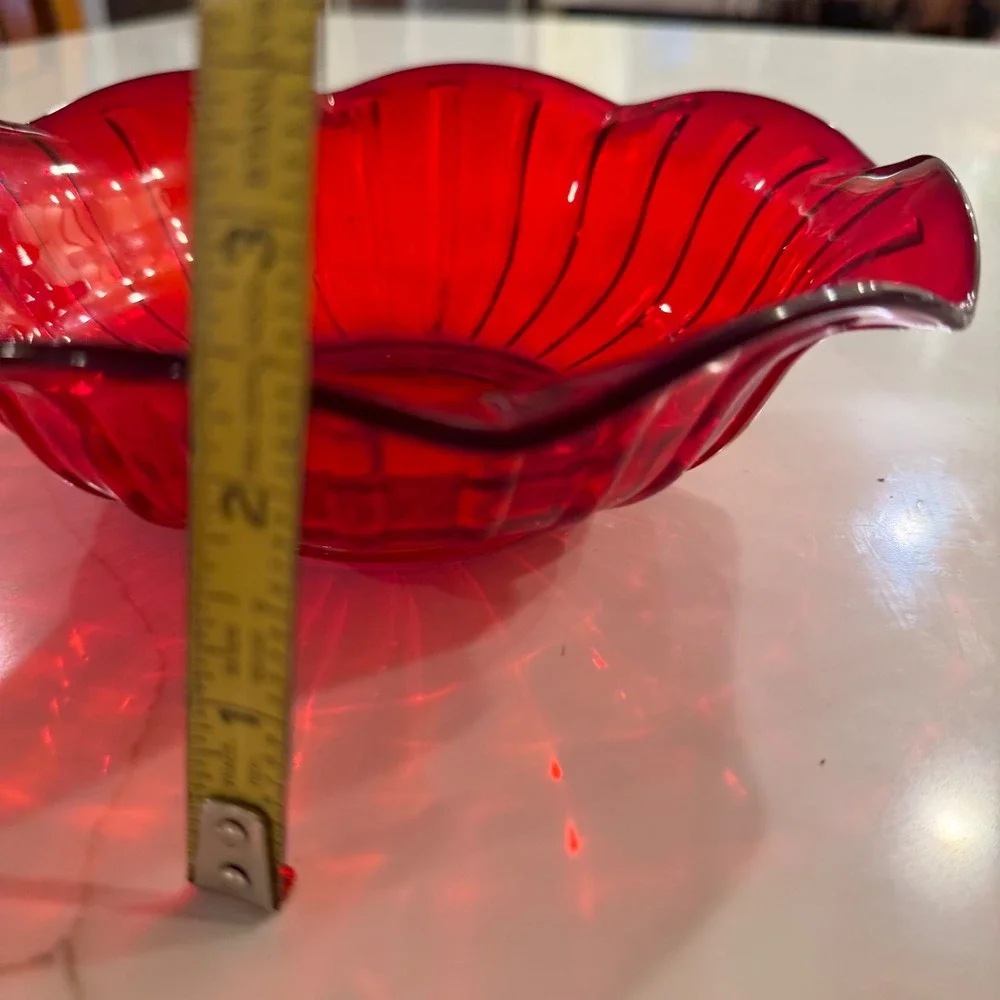 Fenton Ruby Red Ribbed Glass Bowl Scalloped Edge Fluted Mid-Century Modern